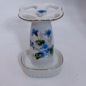 Vintage Made in Japan Porcelain Toothbrush Holder Blue Floral Gold Trim 4 Slot